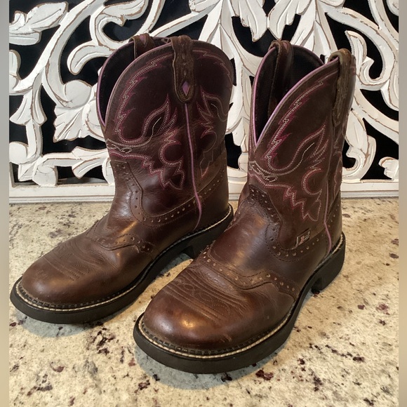 Justin Gypsy Cowgirl Brown Leather Pink Trim Detail Western Boots Size 8.5 - Picture 5 of 12